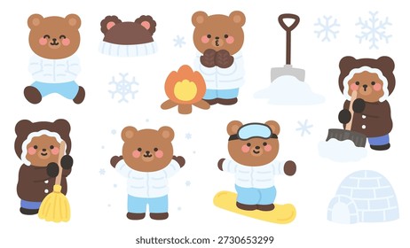 Personajes de oso de invierno con ropa pesada y cálida y enfrentando la Ilustración vectorial del ambiente frío y nevado
