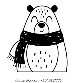 Winter bear clipart. Black and white animal doodle. Cute seasonal character. Hand draw vector illustration in flat style