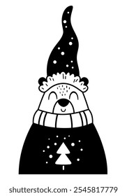 Winter bear clipart. Black and white animal doodle. Cute seasonal character. Hand draw vector illustration in flat style