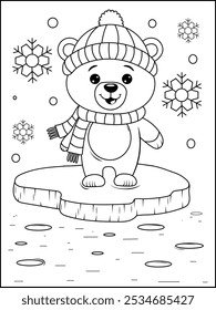 Winter Bear Coloring Page. Fun Snowflake and Ice Theme for Kids.