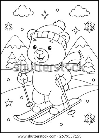 Winter Bear Coloring Page for Kids Skiing in Snow with Mountains, Trees, and Snowflakes. Fun Holiday Activity Sheet for Children, Preschool, and Kindergarten