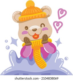winter bear cute cartoon in snow isolated from the white background