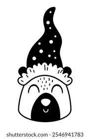 Winter bear face clipart. Black and white animal doodle. Cute seasonal character. Hand draw vector illustration in flat style