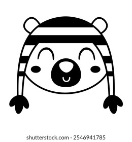 Winter bear face clipart. Black and white animal doodle. Cute seasonal character. Hand draw vector illustration in flat style