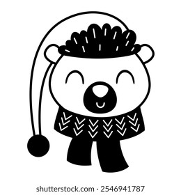 Winter bear face clipart. Black and white animal doodle. Cute seasonal character. Hand draw vector illustration in flat style