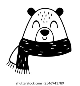 Winter bear face clipart. Black and white animal doodle. Cute seasonal character. Hand draw vector illustration in flat style