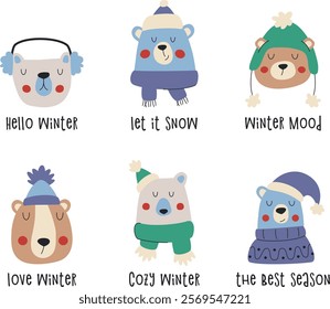 Winter bear faces with lettering. Hand drawn bears in winter clothing and accessories.	