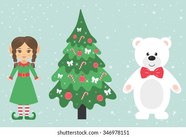 winter bear and girl elf with braid and fir-tree