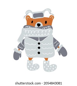Winter Bear in a hat. Vector christmas illustration in Scandinavian style. Funny, baby cute poster.