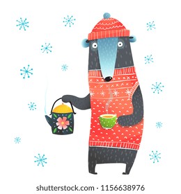 Winter Bear Holding Tea Pot. Funny colorful cartoon with bear drinking tea. Vector illustration.