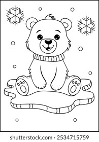 Winter Bear Line Art for Kids. Simple Bear Illustration with Snowflakes.