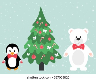 winter bear and penguin and fir-tree