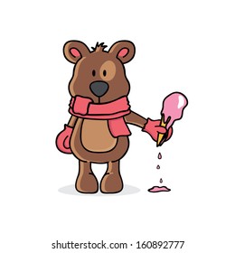 Winter bear with scarf and gloves holding ice cream