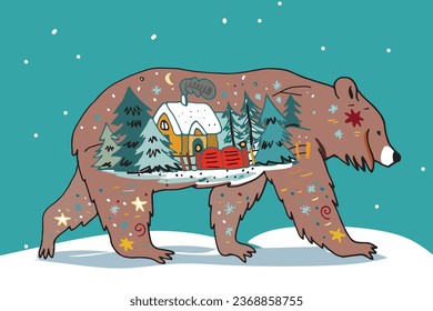 Oso de invierno con nieve, árboles, afiche vectorial de casa.