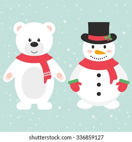 winter bear and snowman with scarf