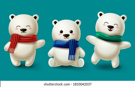 Juego de vectores de caracteres de osos de invierno. Oso de peluche o oso polar colección de personajes de caricatura en 3d con pañuelo para el diseño de la temporada invernal con fondo azul. Ilustración del vector 