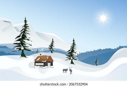 Winter with Beautiful Views. About the beautiful scenery in Winter this year. There was one house whose roof was starting to get covered in snow, and there were two reindeer playing.