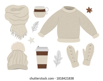 Winter beige clothes set. Collection of vector clothing items for cold weather. Flat illustration of knitted warm sweater, hat, gloves, scarves, take away hot drink.
