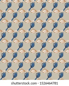 Winter Beige Garden Leaf Seamless Pattern. Tossed Hand Drawn Flower Petal Stem for Trendy Background. Steel Gray Cool Blue Muted Tone. All Over Print for Ditsy Prairie Style Textile. Vector Tile Eps10