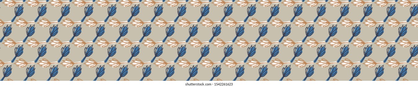 Winter Beige Garden Leaf Seamless Border Pattern. Tossed Hand Drawn Flower Petal Stem .Trendy Background. Steel Gray Cool Blue Muted Tone. Ditsy Prairie Style Textile Edging. Vector Ribbon Trim Eps10