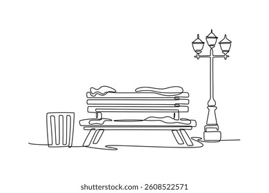 Winter Bench Lamp Post. Park concept. Single line draw design. Vector graphic illustration