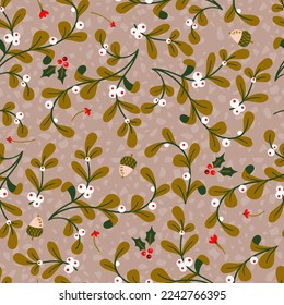 Winter Berries Branches and Flowers Vector Seamless Pattern