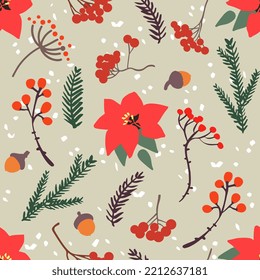Winter berries and  fir branches pattern. Winter floral collection for invitations, wrapping paper, greeting card, textile, fabric. Vector, seamless illustration.