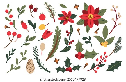 Winterbeeren , Blumen und Blätter. Vektorhandgezeichnete Winterelemente mit Blatt, Tanne, Kiefernzweigen, Beere. Weihnachtsblumenkollektion für Einladungen, Grußkarte, Textil, Stoff, Plakate.