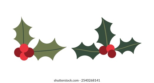 Bayas de invierno, flores y hojas. Vector dibujado a mano Elementos de invierno con hojas, abeto, ramas de pino, baya. Navidades colección floral para invitaciones, tarjeta de felicitación, textil, tela, carteles.