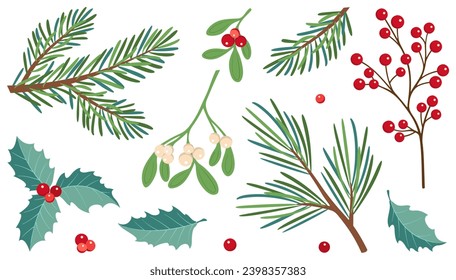 Winterbeeren und -blätter. Vektorwinterelemente mit Blättern, Tannen, Kiefernästen, Beeren. Weihnachtsblumenkollektion für Einladungen, Grußkarte, Textilien, Stoff, Plakate. Botanischer Ausdruck.