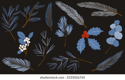 Bayas y hojas de invierno. Vector dibujado a mano Elementos de invierno con hojas, abeto, ramas de pino, baya. Navidades colección floral para invitaciones, tarjeta de felicitación, textil, tela, carteles.Botanical print