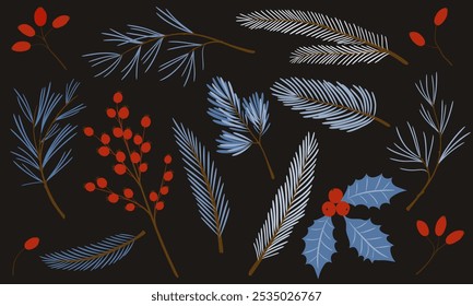 Winter berries and leaves. Vector hand drawn winter elements with leaf, fir, pine branches, berry. Christmas floral collection for invitations, greeting card, textile, fabric, posters.Botanical print