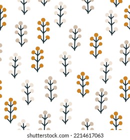 Winter berries seamless vector pattern. Simple hand drawn stamp illustration in scandinavian style. The limited earthy palette is ideal for printing textiles, fabric, wrapping paper