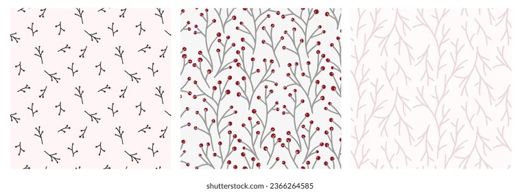 Winter berry branch seamless pattern set for textile or wallpaper, scrapbook in delicate pastel pink color. Vector background, hand drawn doodle simple illustrations