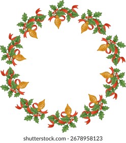 Winter berry circle frame. Round border of berries ribbons Christmas toys. Viburnum with leaves, fir tree, have different shapes and are arranged in a circle. Vector square, isolated on a white backgr