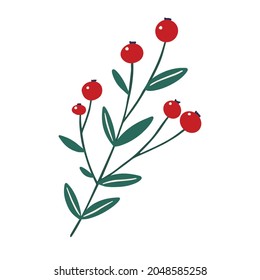 Winter Berry Floral Design Element. Festive Christmas Clip Art. Holly Berry Branch In Simple Hand Drawn Style Isolated On White Background. Vector Illustration