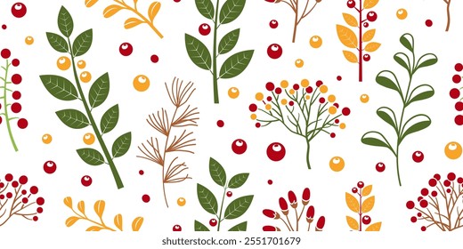 Winter berry seamless pattern, Christmas mistletoe sprig, holiday branch leaves background. Autumn tree, spruce, twig print. Red, green, brown, yellow colors. Xmas vector illustration