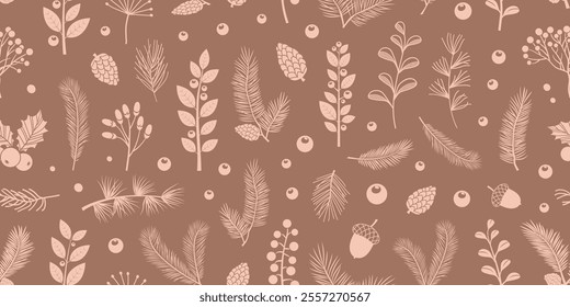 Winter berry seamless pattern mocha mousse color. Christmas mistletoe sprig, holiday branch leaves background. Autumn tree, spruce, twig print. Trendy colour 2025 year. Xmas nature vector illustration