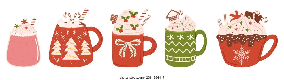 Winter Beverages Collection. Steaming Cups Adorned For The Holidays. Indulge In Cocoa With Marshmallows, Creamy Coffee, And Chocolate-spiced Warmth. Festive Treats Set. Cartoon Vector Illustration