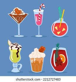 Colección vectorial de bebidas de invierno. Bebidas estacionales aisladas de dibujos animados sobre el azul