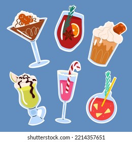 Winter beverages vector stickers. Isolated cartoon seasonal drinks collection