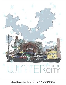 Winter in the big city. Vector illustration.