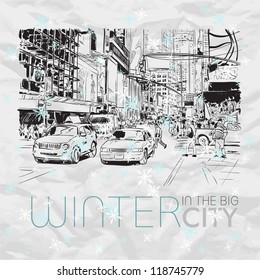 Winter in the big city. Vector illustration.