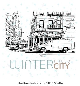 Winter in the big city. Vector illustration.