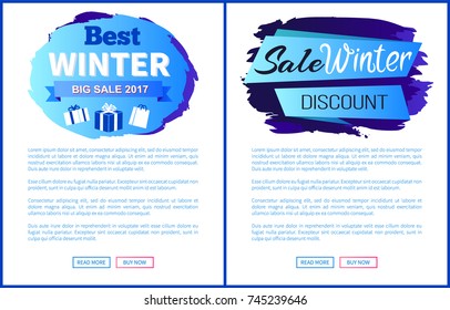 Winter big sale 2017 vector illustration landing page design with place for your text informing about reduction of prices, shopping label with gifts