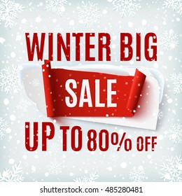 Winter big Sale, abstract banner on background with snow and snowflakes. Vector illustration.