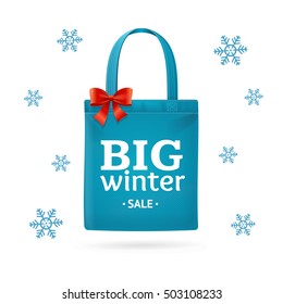 Winter Big Sale Fabric Cloth Bag Tote. Seasonal Discounts. Vector illustration of blue ecobag with red bow, snowflakes and text