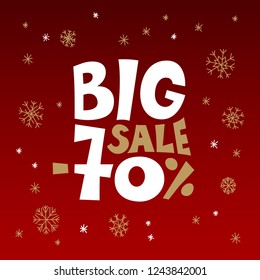 Winter big sale lettering typography. Cold season minus seventy percent discount hand drawn logo. Vector illustration. Wholesale poster, banner, card, invitation template. Concept advertising
