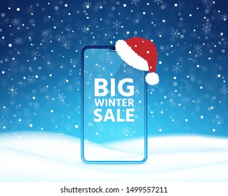 Winter big sale smartphone mockup with santas hat. Mobile phone blank screen. Text device template. Christmas clearance banner. Cellphone display front view. Snow frame background. Vector illustration