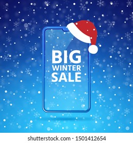 Winter big sale smartphone mockup with santas hat. Mobile phone blank screen. Text device template. Christmas clearance banner. Cellphone display front view. Snow frame background. Vector illustration